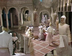 A scene from Fifth Doctor story Castrovalva, evoking M.C. Escher's work.