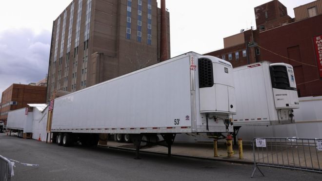 Mobile morgues (freezer trucks) lined up outside a New York City hospital to receive the victims of the Coronavirus pandemic.