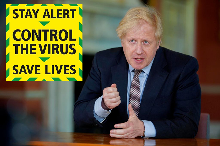 Poundland Bill Clinton wearing his dad's clothes | Boris Johnson's address to the United Kingdom accompanied by an image reading STAY ALERT | CONTROL THE VIRUS | SAVE LIVES